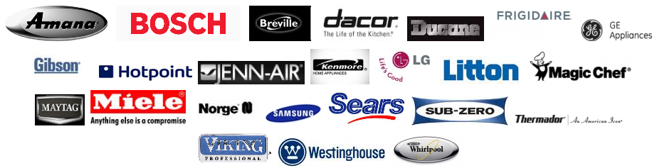 A collection of appliance and air conditioning brand logos including: Amana, Bosch, Breville, Dacor,Ducane, Frigidaire, GE Appliances, Gibson, Hotpoint, Jenn-Air, Kenmore, LG, Litton, Magic Chef, Maytag, Miele, Norge, Samsung, Sears, Sub-Zero, Thermador, Viking, Westinghouse, and Whirlpool